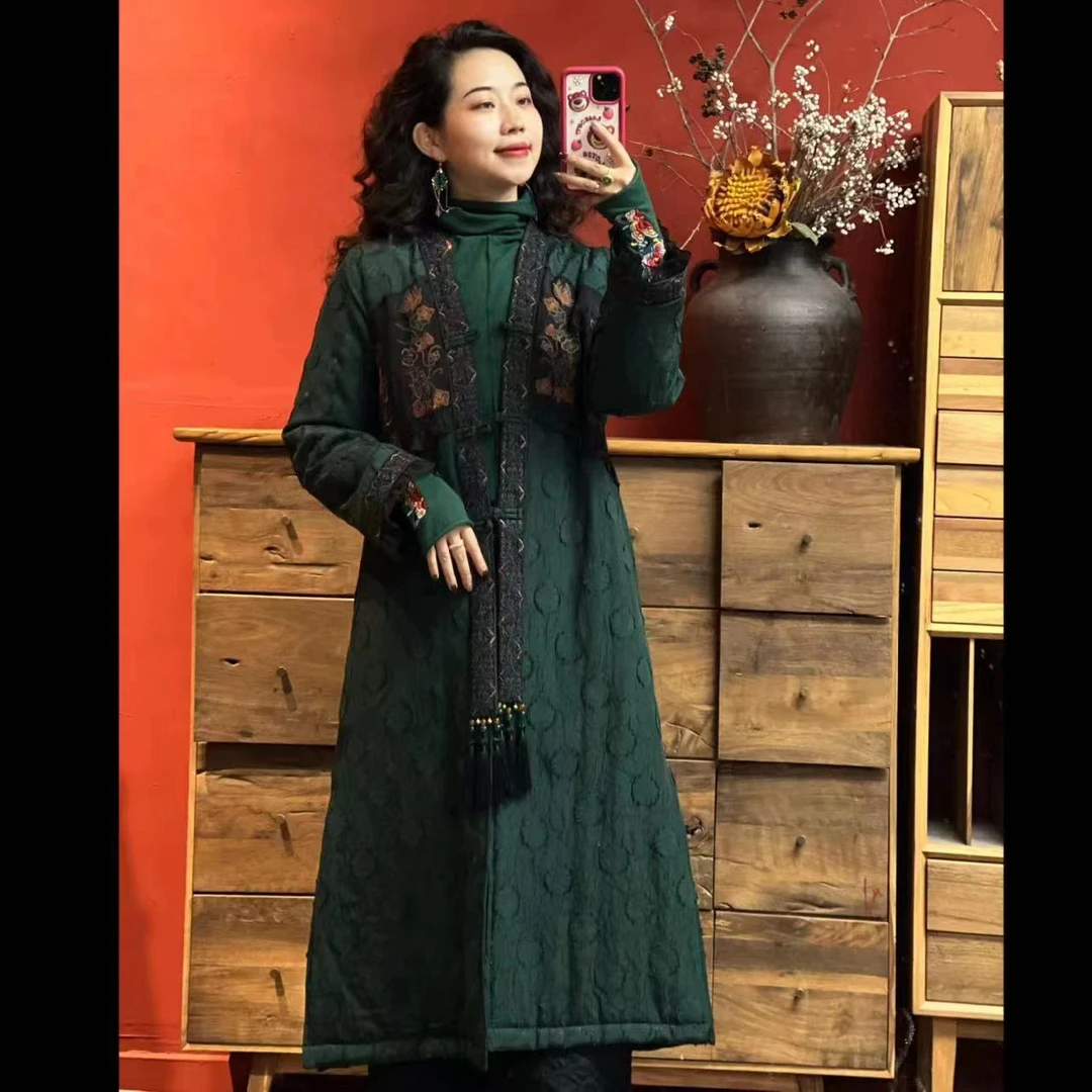 原创民族风复古刺绣对襟长款流苏开衫夹棉棉服MF693