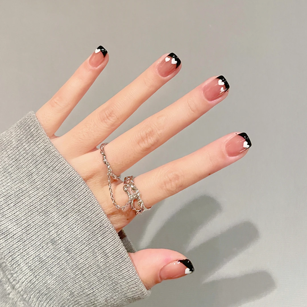 【法式黑咖心BA877】22指照灯变硬的uv半固化凝胶美甲贴纸全贴半烤