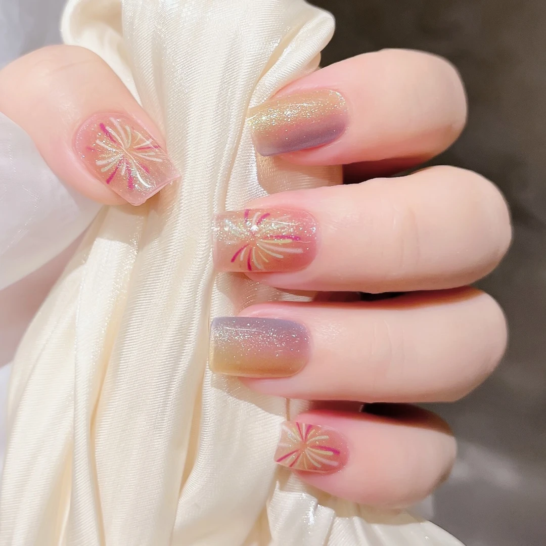 【ES270彩虹烟花特价】20指照灯变硬的uv半固化凝胶美甲贴纸全贴半