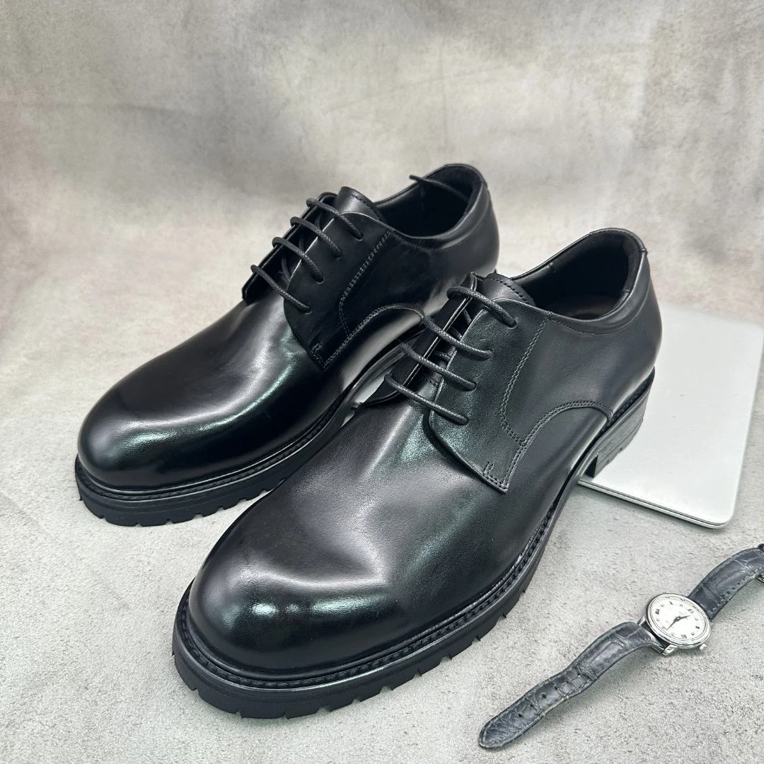 休闲皮鞋男四季透气商务英伦风黑色圆头德比鞋男鞋厚底增高皮鞋