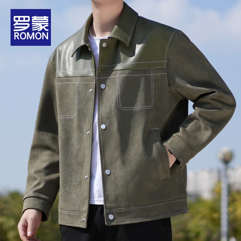 罗蒙男士复古休闲外套男高级感拼接皮夹克男款秋冬款2025新款男装