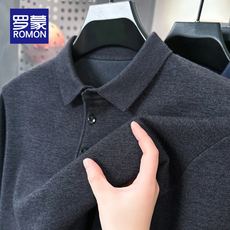罗蒙男士高品质翻领打底衫毛衣男时尚百搭男装秋冬加绒针织衫男款