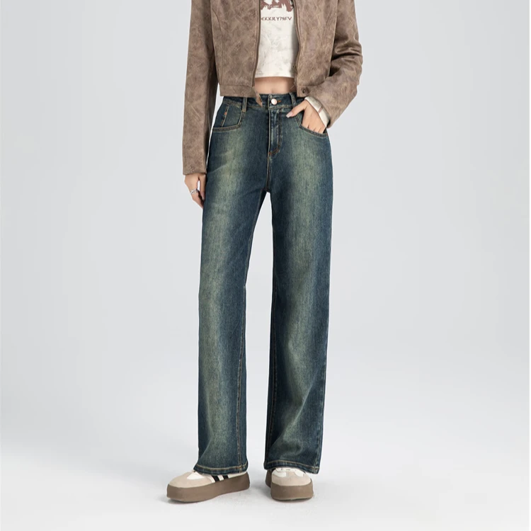 秋季新款高腰显瘦复古百搭水洗直筒牛仔裤休闲直筒长裤65507