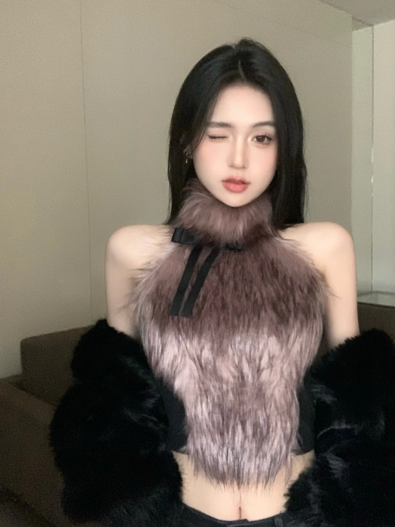 蝴蝶设计感小众蝴蝶结毛毛吊带背心女装2024年新款外穿毛绒上衣潮