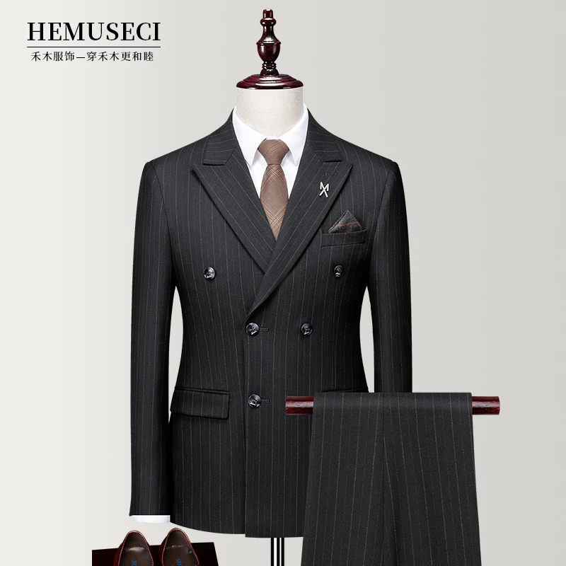 英伦风条纹西装双排扣西服男士修身商务结婚礼服外套休闲韩版时尚