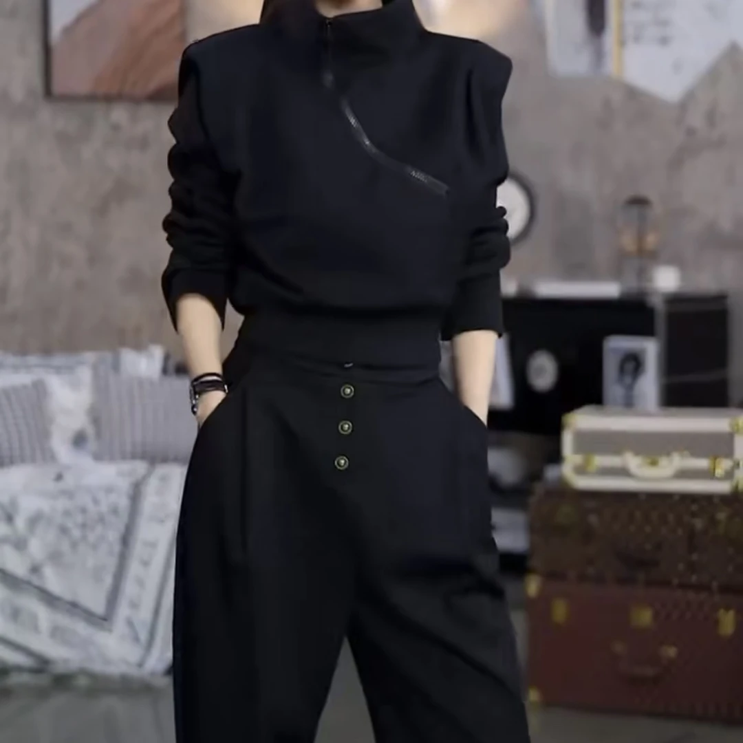 秋冬新款拉链长袖上衣+高领黑色洋气春季显瘦长裤两件套时尚套装