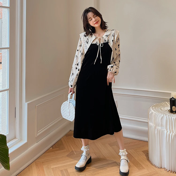 2025秋冬上新设计感显瘦中长款大码拼接拼色植绒碎花长袖连衣裙