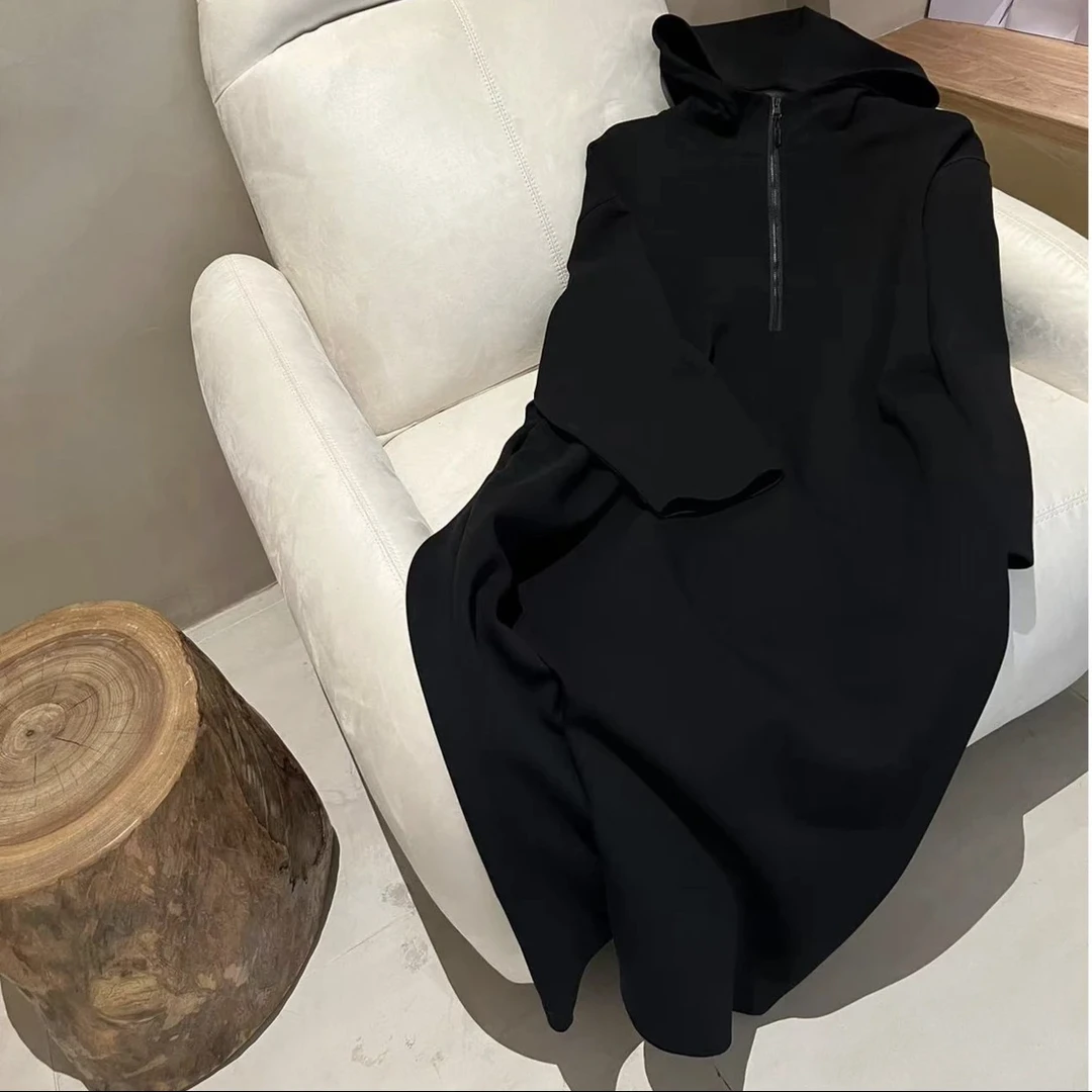 茉莉家 秋冬上新连帽半开领慵懒风卫衣裙大码显瘦长款连衣裙女