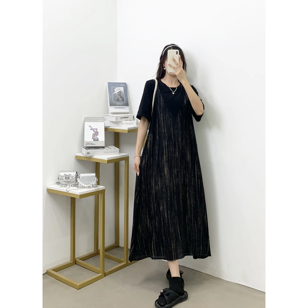 茉莉家 2024夏季V领假两件拼接时尚气质大码连衣裙