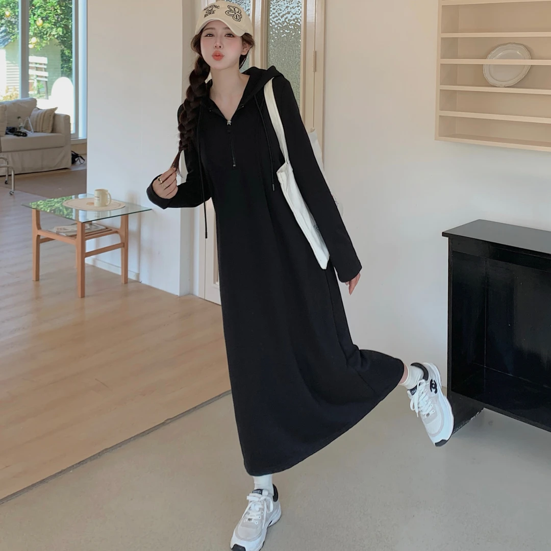 2024秋季新款/拉尔夫连衣裙显瘦连帽长款卫衣小黑裙女