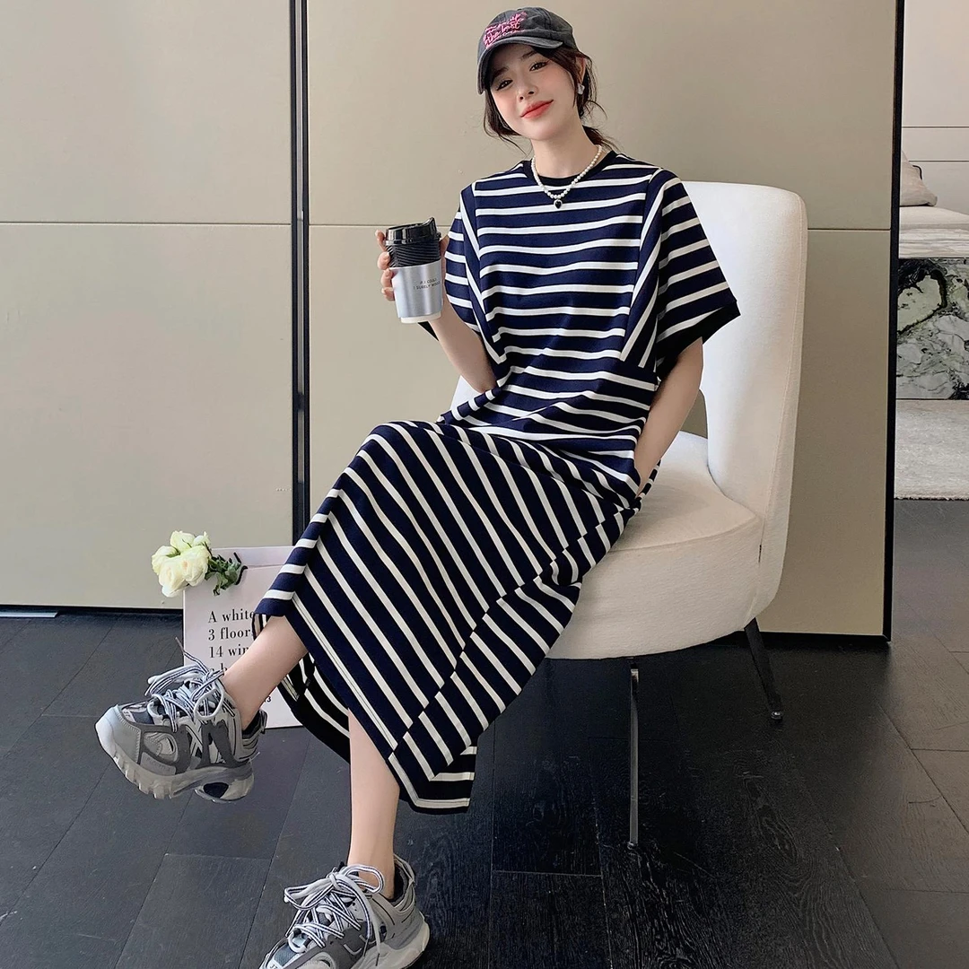 2025夏新款蓝白条纹圆领T恤裙宽松中长款大码短袖连衣裙女