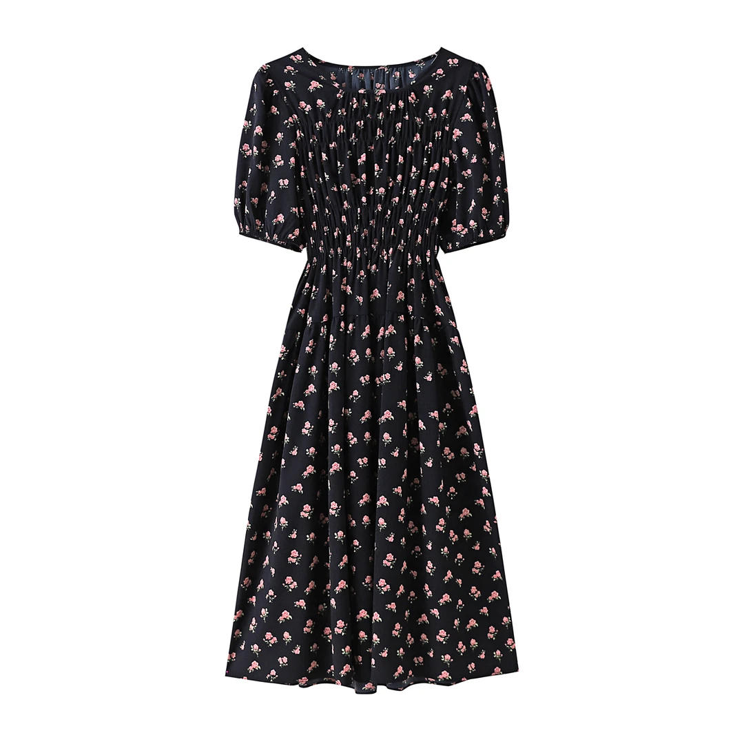 茉莉家 夏季大码100-220斤胖mm窄肩泡泡袖高腰遮肉显瘦中长碎花裙