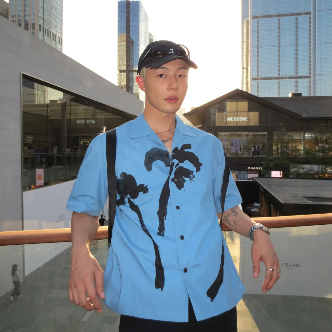 weave 岛屿约会记 古巴领椰树正品原创印花度假时髦蓝色短袖衬衫
