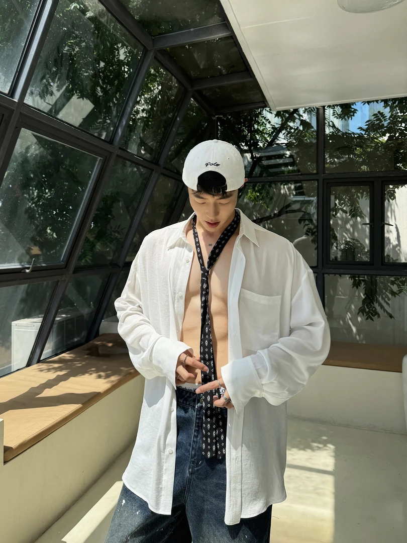 【现货】轻透一夏 白色雪纺质感飘逸轻薄度假oversize微透长袖衬衫