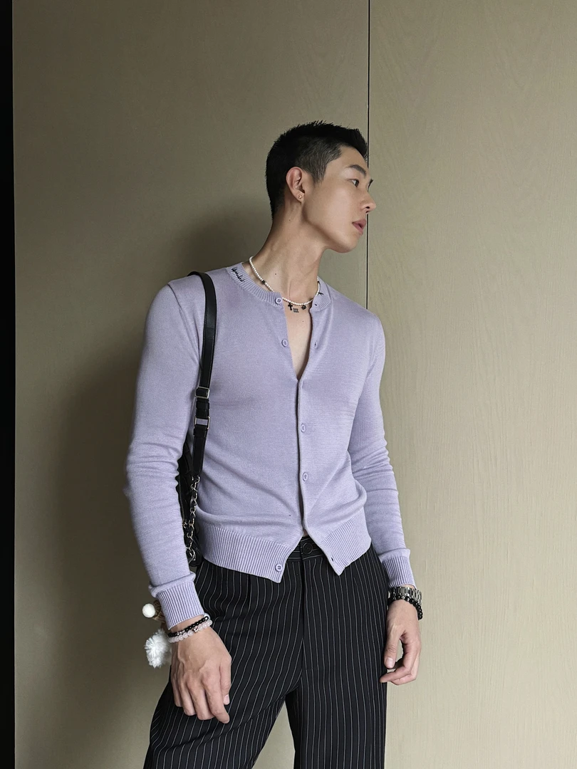 weave 拿捏纯欲氛围感 粉紫修身圆领百搭慵懒长袖针织薄开衫毛衣