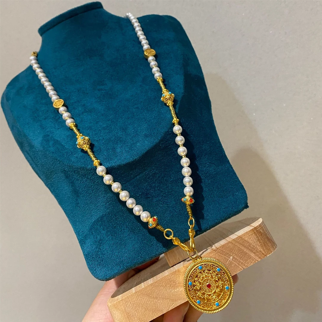 花丝古法五福镂空圆盘长款白色贝珠项链毛衣链新中式汉服配饰