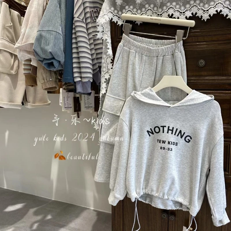 女童春装洋气连帽卫衣工装裙小女孩韩版两件套