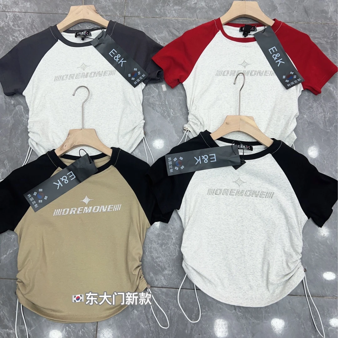 黑黑同学（001-100）夏季辣妹修身短款百搭黑色t恤上衣拼接圆领短袖