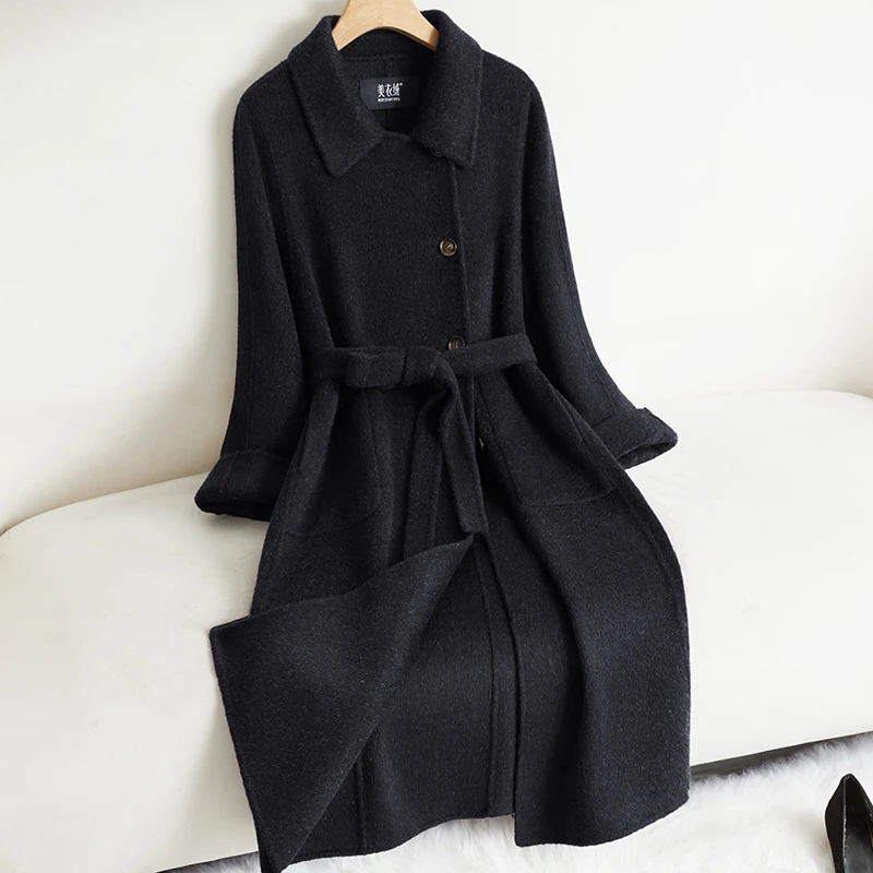 黑色高级感双面羊毛大衣女中长款气质时尚长袖羊毛呢外套秋冬新款