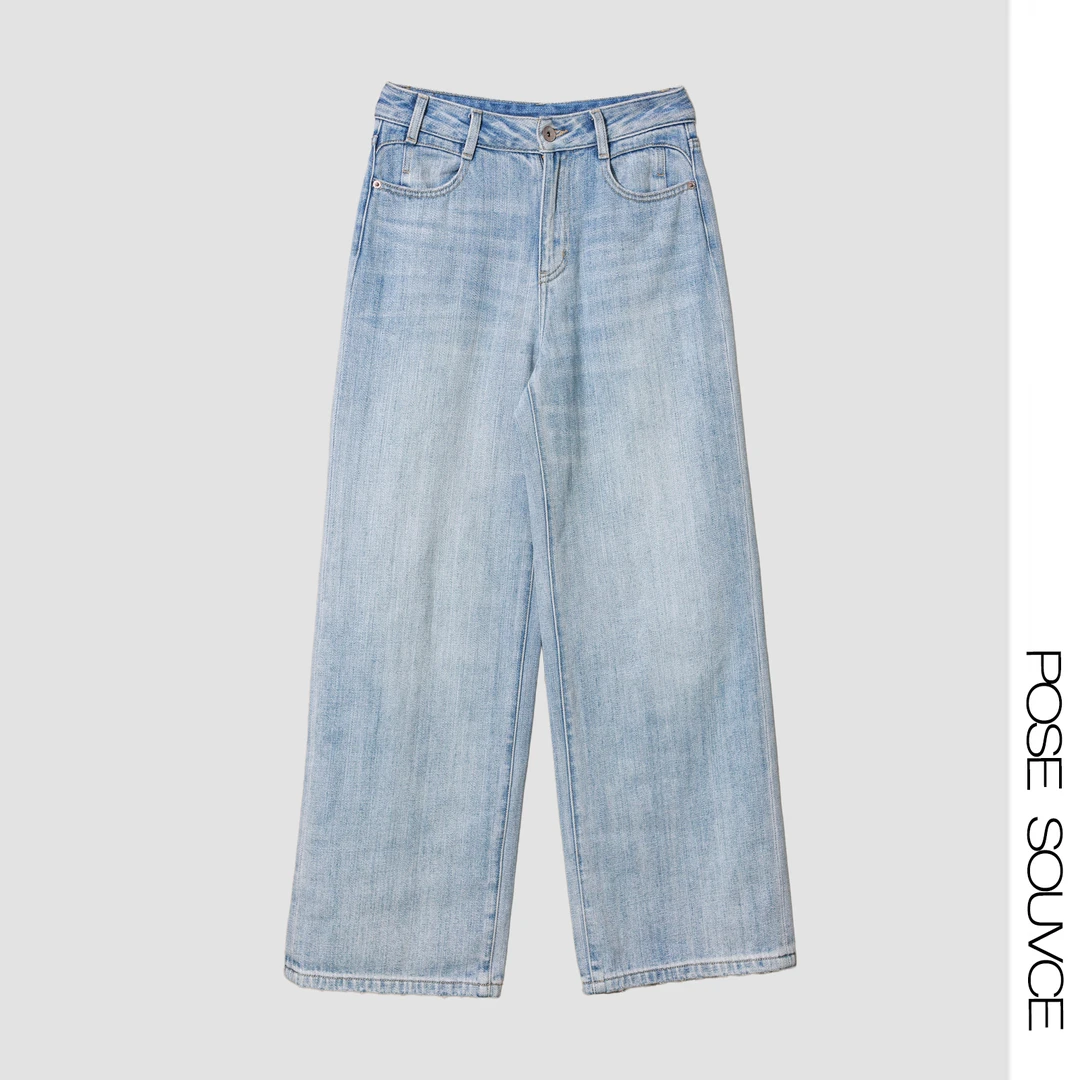 2024新款时尚百蓝色搭宽松纯棉裤子高腰阔腿裤水洗牛仔裤女潮牌