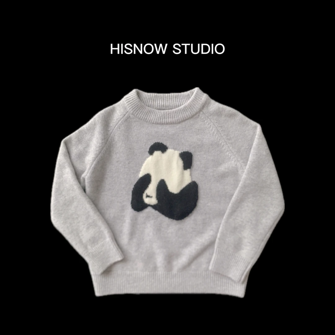 【100羊毛】大熊猫 韩版中领儿童灰色套头秋冬加厚男童女童羊毛衫