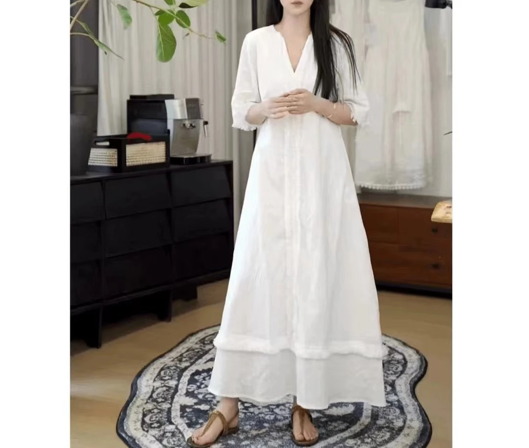 夏季新款高级感设计小众夏新款气质显瘦亚麻宽松连衣裙女装连衣裙