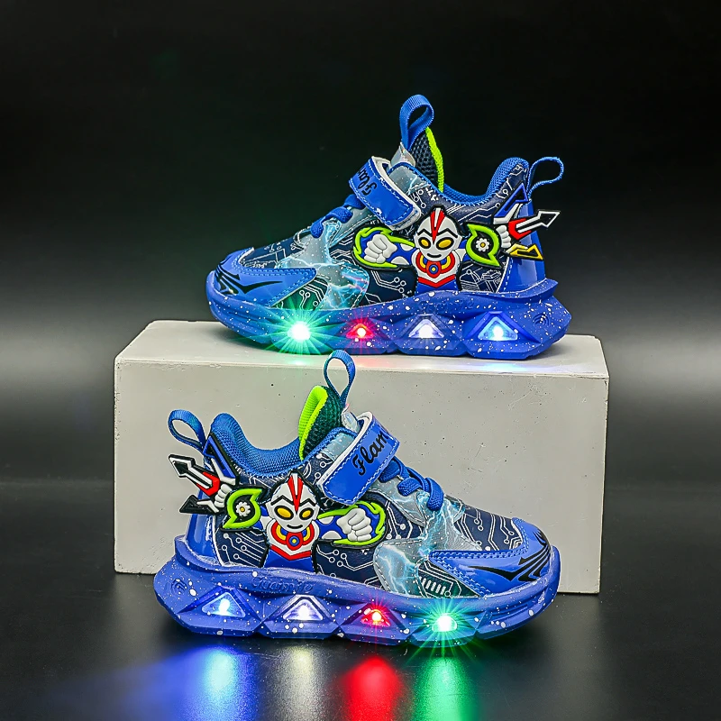 男童带灯鞋子秋冬款皮面防水运动鞋男孩加绒二棉软底鞋轻便跑步鞋