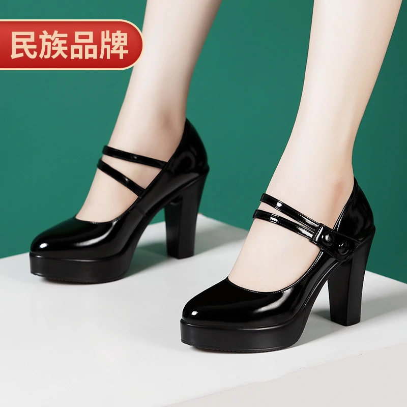 软牛皮旗袍走秀高跟鞋防水台粗跟魔术贴漆皮中跟厚底浅口单鞋大码