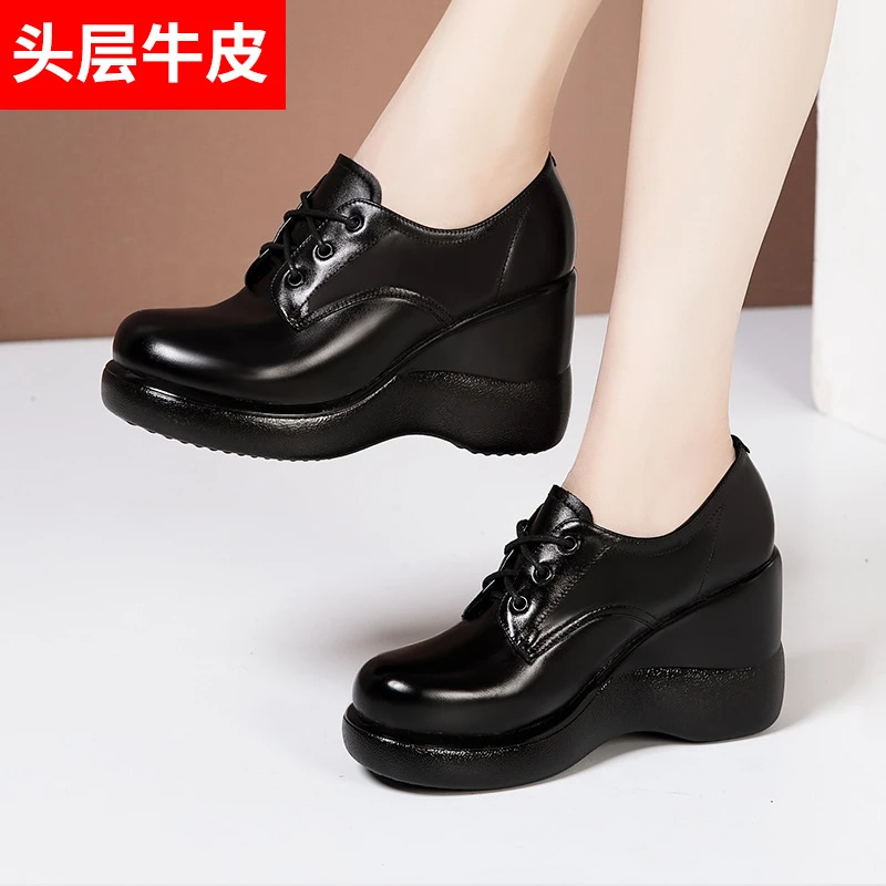 黑色真皮高跟坡跟深口单鞋女秋季厚底圆头防水台中老年中跟妈妈鞋