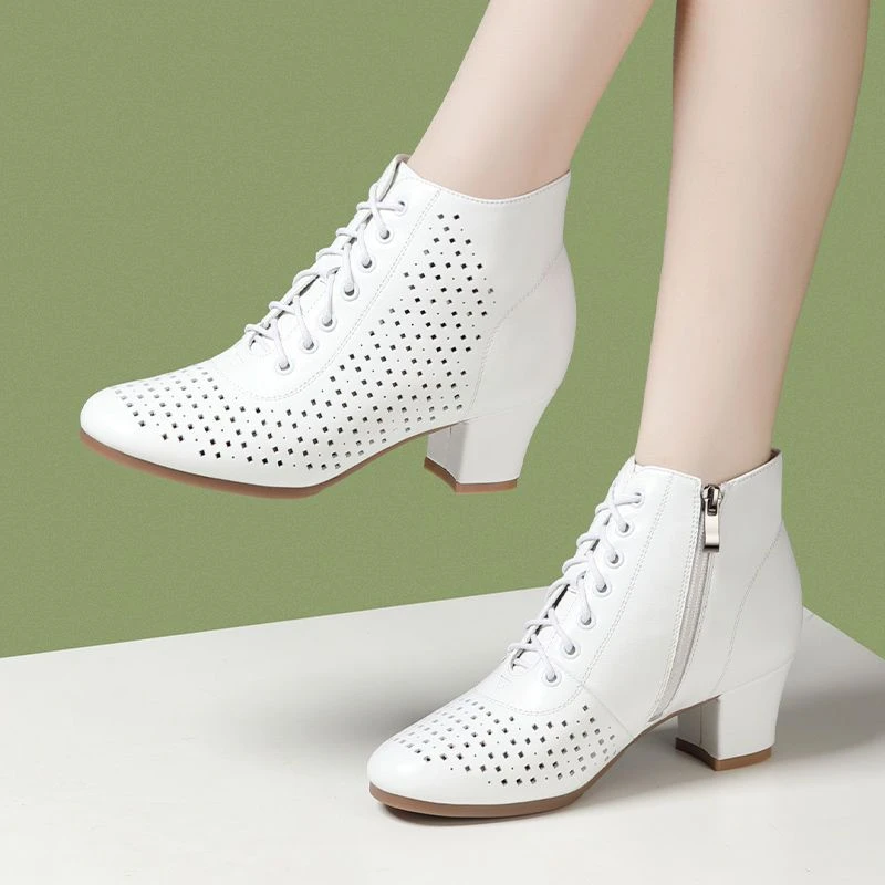 真皮透气中跟广场舞靴春夏百搭高跟软底拉丁舞室外交谊舞鞋女式