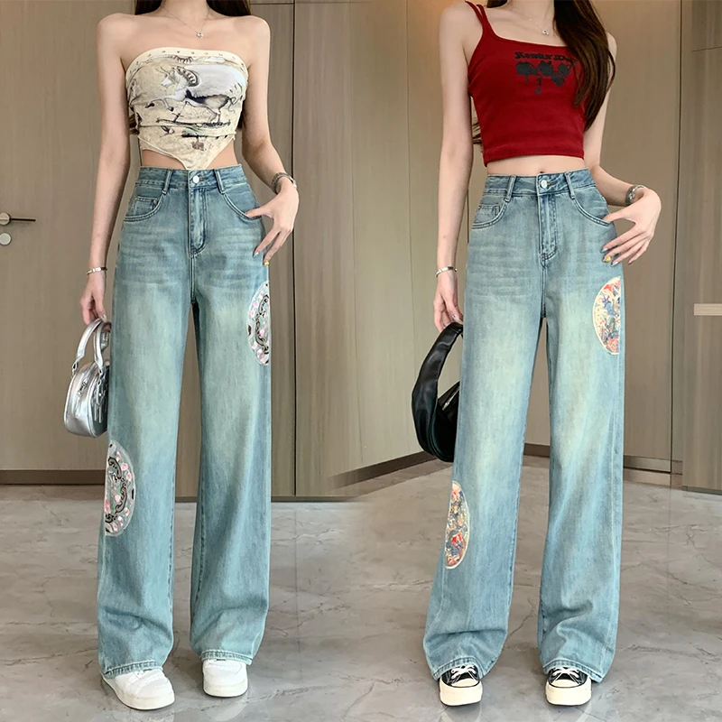 春夏季阔腿直筒牛仔裤微喇新款上档次女裤国风高腰刺绣牛仔长裤