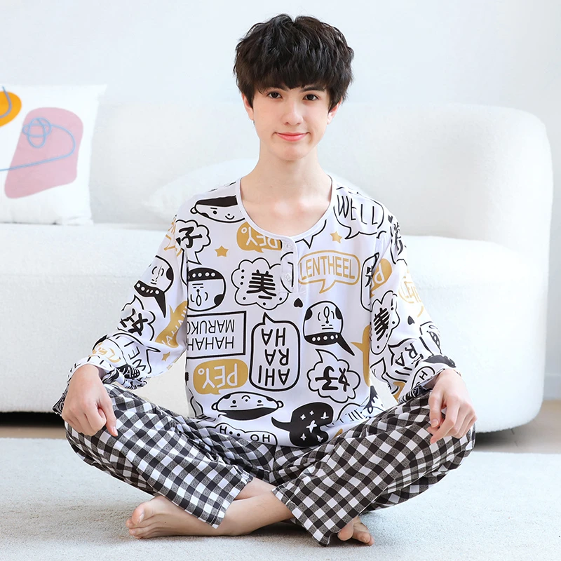 青少年新款夏季长袖棉绸睡衣大童薄款家居服男孩绵绸空调服套装