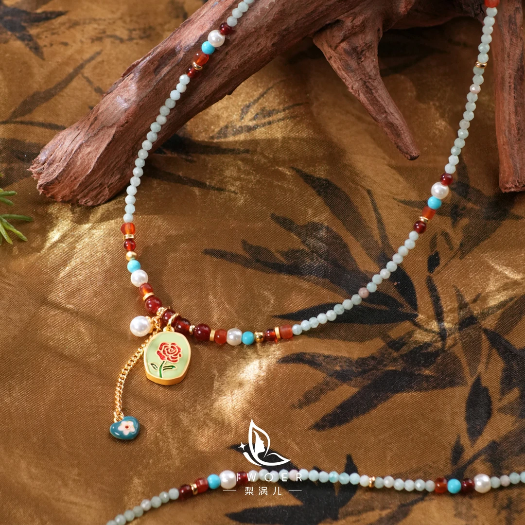 铜合金项链 「XYNM」青绿薄荷曼波复古串珠项链春夏