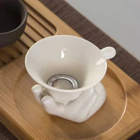 小号德化白瓷茶漏过滤器组佛手底托支架座不锈钢滤网功夫茶具家用