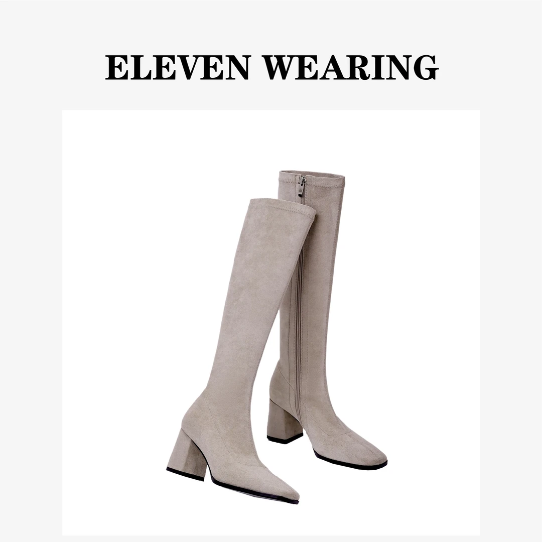 【Eleven‘shoes】磨砂长筒秋冬时尚弹力长靴弹力靴/跟高6.5cm/娩