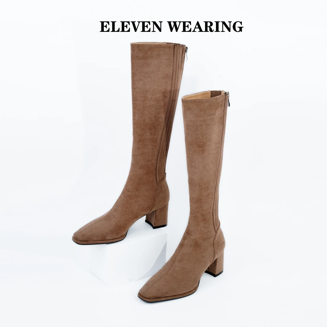 【Eleven‘shoes】长筒靴软鱼骨方头粗跟弹力瘦瘦靴/跟高6cm/温度2