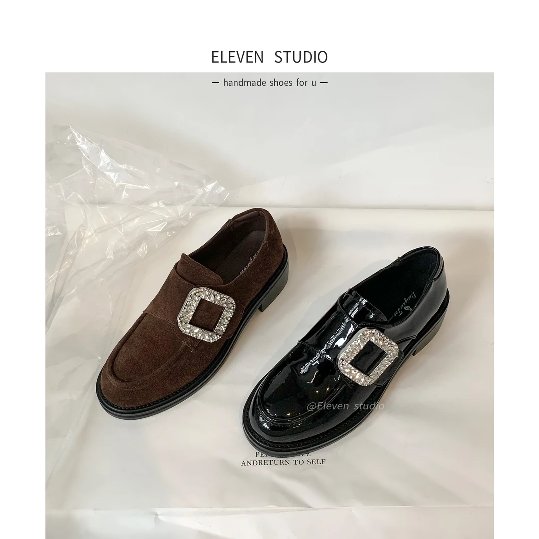 【Elevenshoes】4CM 真皮爆款乐福鞋厚底水钻小皮鞋/漫游
