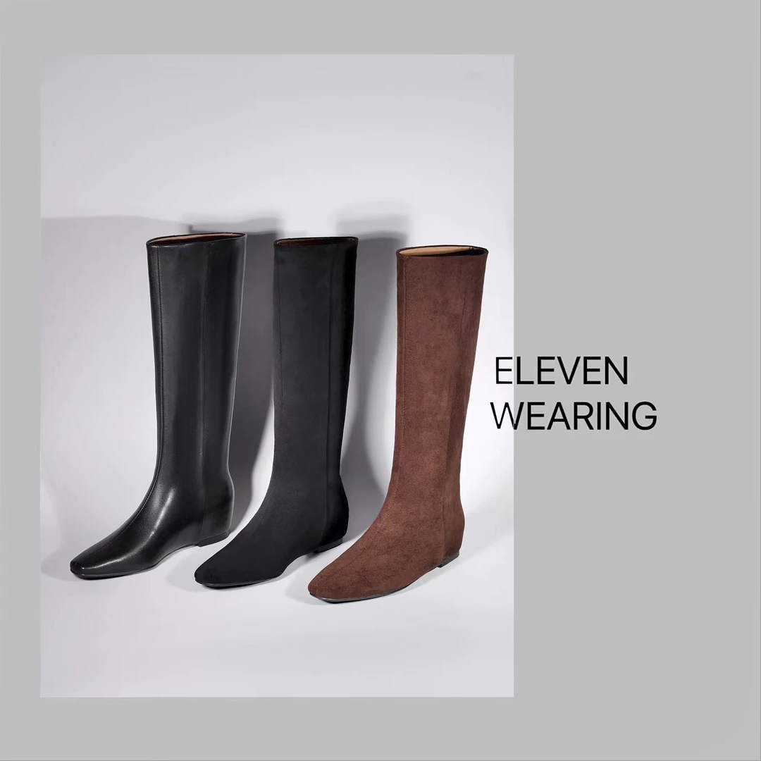 【Eleven‘shoes】绒面方头内增高瘦瘦靴潮流秋冬女靴/4cm/拿铁