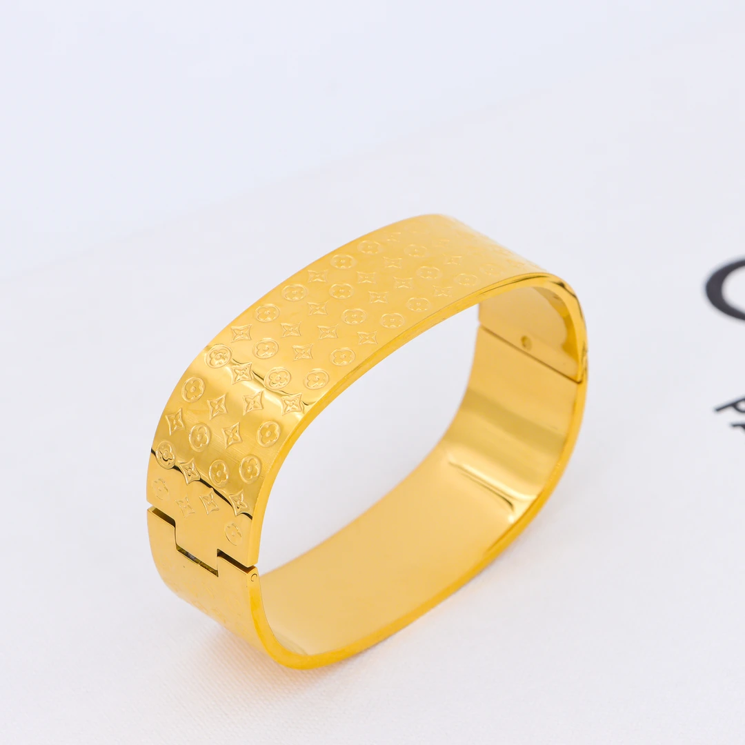 钛钢手镯 时尚饰品高级感气质百搭宽版方形满圈花花手镯1639