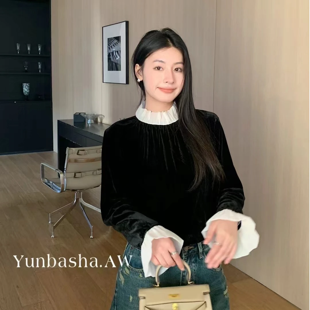 【摩姐姐欧韩】1690秋款拼接撞色立领丝绒衬衣