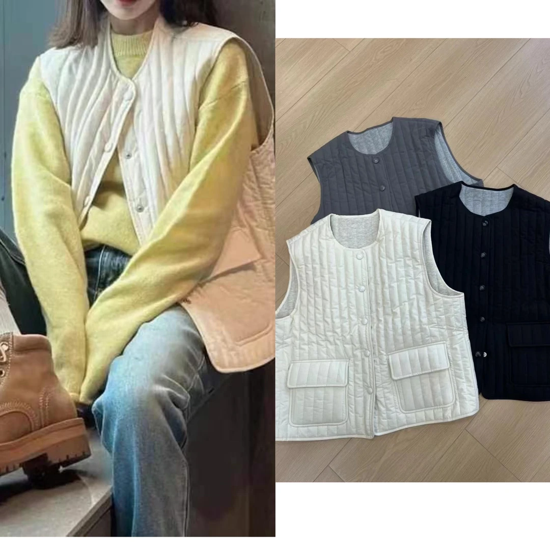 【摩姐姐欧韩】88088秋冬款竖条纹夹棉轻薄棉衣马夹