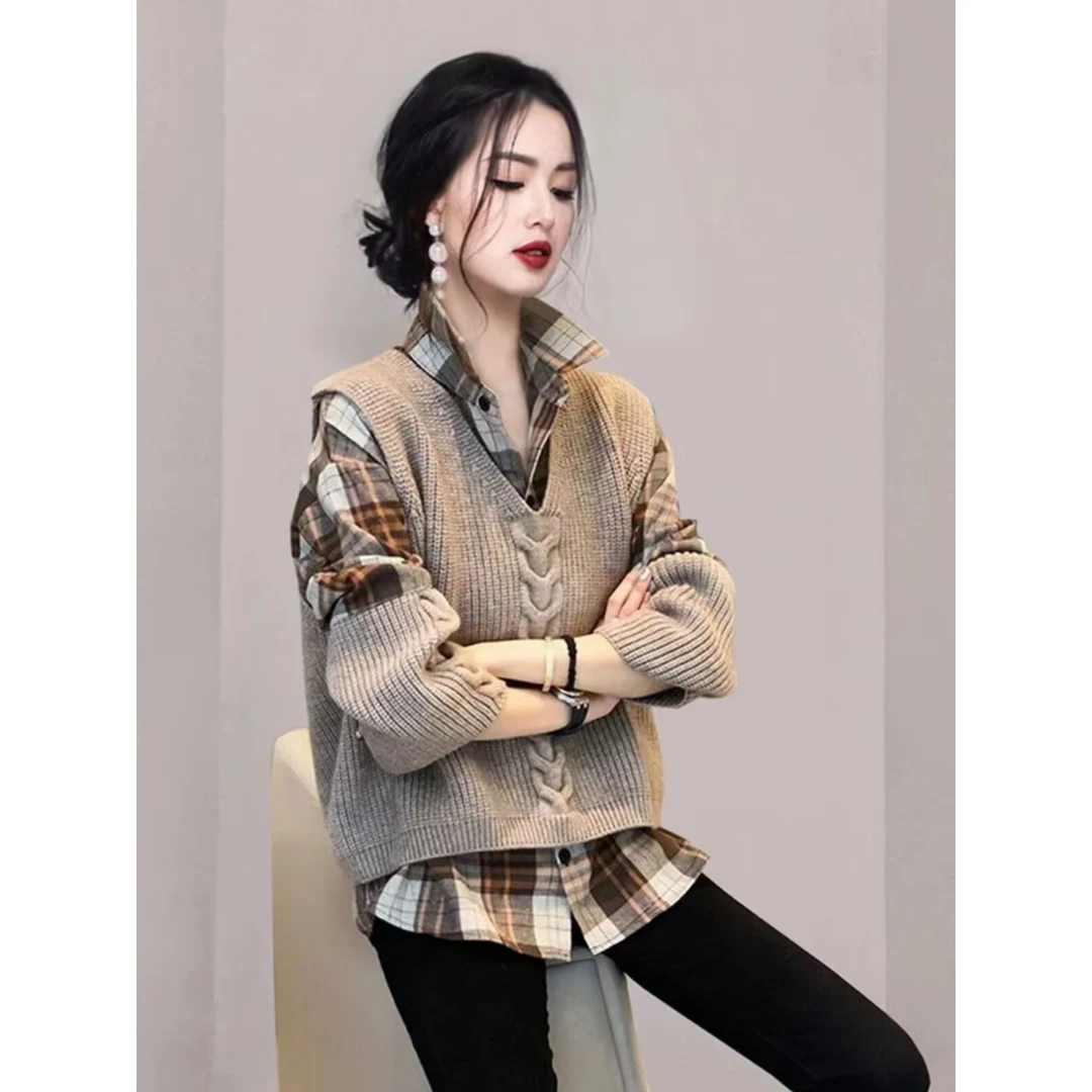 显瘦时尚两件套装洋气格子衬衫针织背心马甲两件