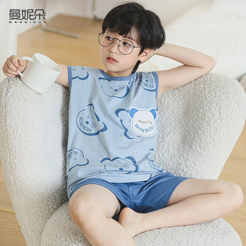 男童睡衣薄款夏季男孩背心纯棉睡衣儿童中大童无袖宝宝家居服套装