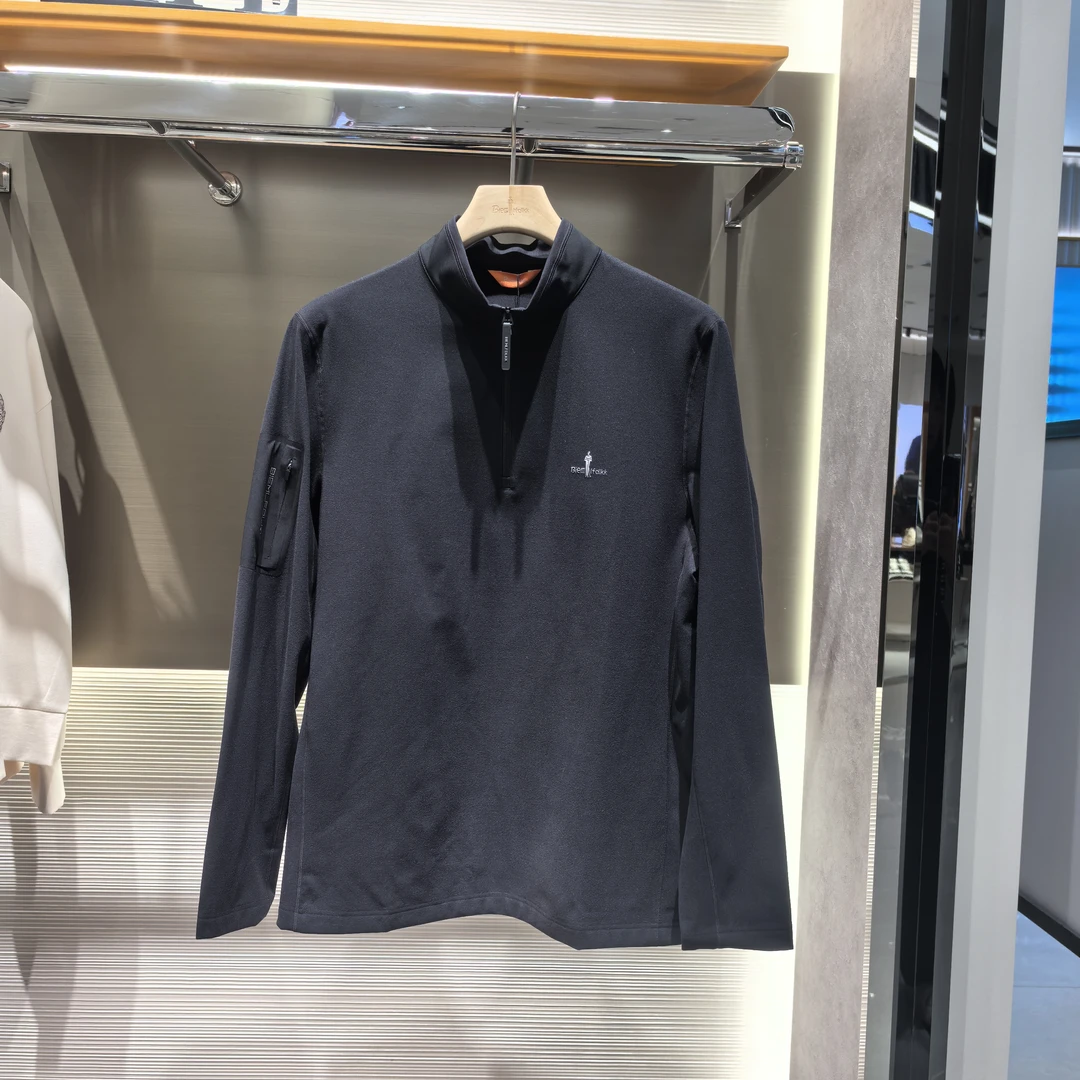 比音勒芬2024秋冬新款男士立领长袖T恤双面抓绒半拉链休闲户外