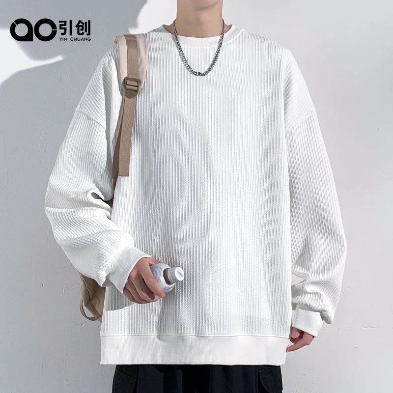 引创休闲圆领卫衣男春秋季港风宽松美式提花上衣潮牌潮流百搭外套