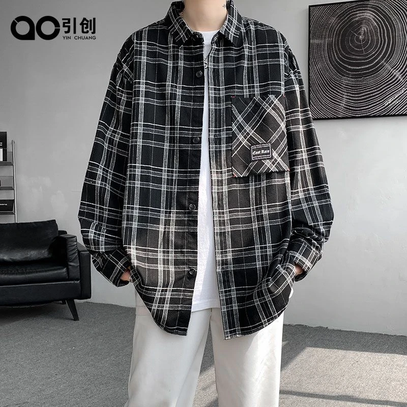 引创格子港风男款长袖2025新款秋季衬衣宽松大码潮流百搭港风休闲