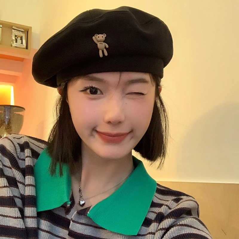 立体小熊黑色贝雷帽女春秋款韩版百搭显脸小蓓蕾画家帽大头围帽子