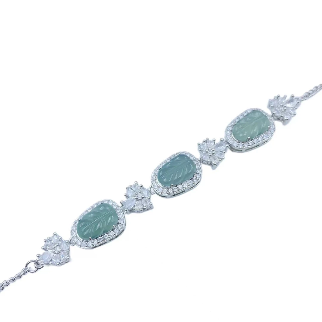 翡翠高冰叶子满钻气质手链F879-赠包装合金