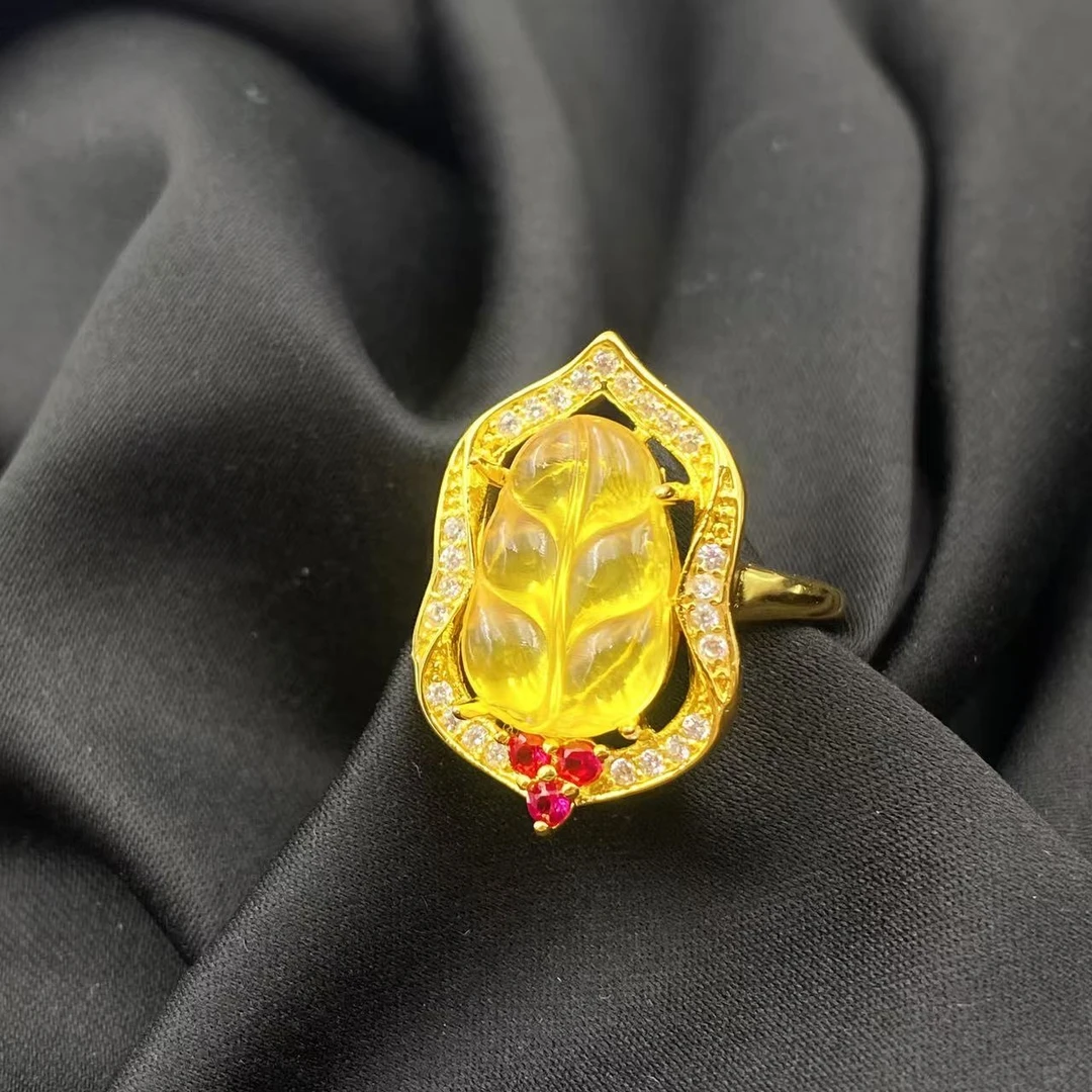 琥珀满钻叶子贵气戒指A480-赠包装合金