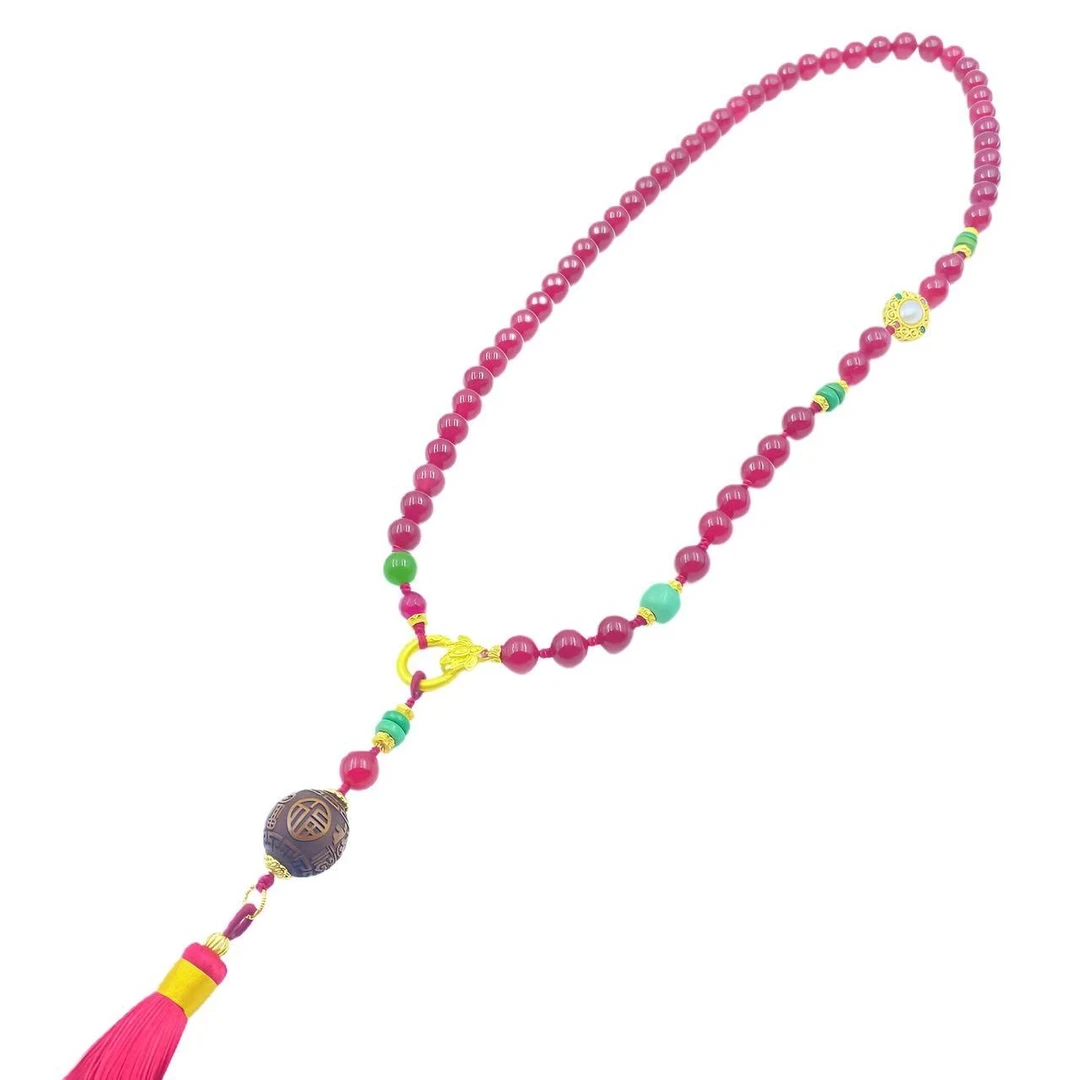 藏收级鸽血红玛瑙流苏珠珠国风项链X570-赠包装合金